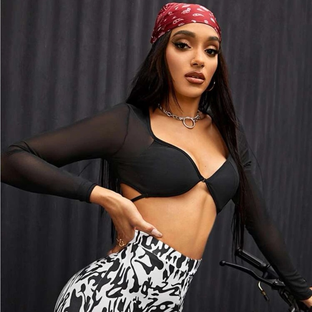 black mesh long sleeve SHEIN crop top